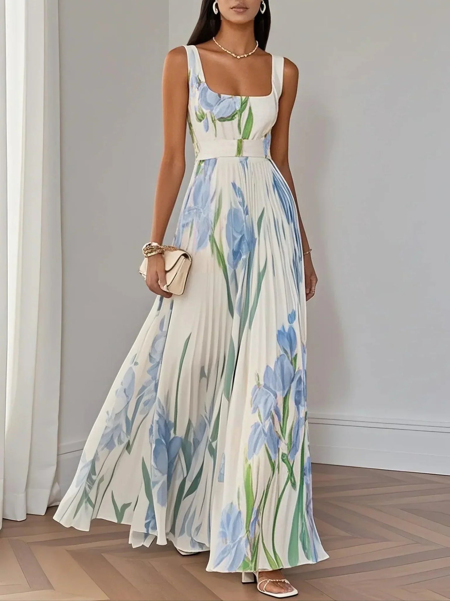 Marie | Weißes Faltenblumen Chiffon Maxi Kleid