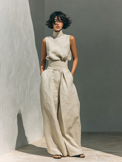 Set bestehend aus einer ärmellosen Bluse und einer Hose mit weitem Bein aus einem Baumwoll-Leinen-Mix.