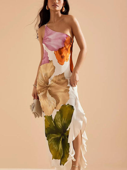Kira | Resort Vibes Elegantes Floralprint Ein-Schulter Maxikleid