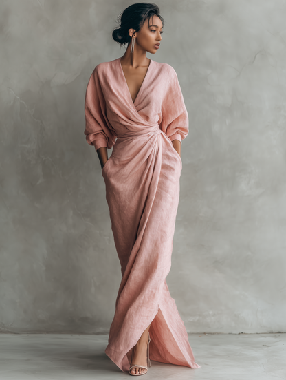 Taylor - Maxi Minimalistische Kleid in Rosa mit V-Ausschnitt aus Leinenmischung für Damen