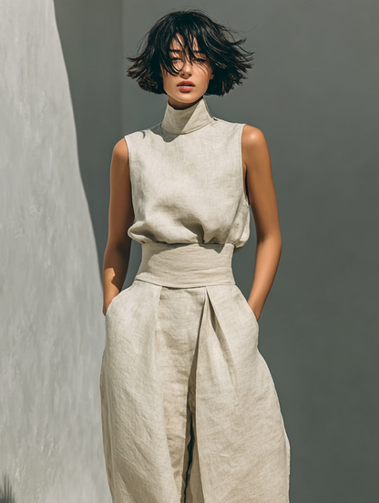 Set bestehend aus einer ärmellosen Bluse und einer Hose mit weitem Bein aus einem Baumwoll-Leinen-Mix.
