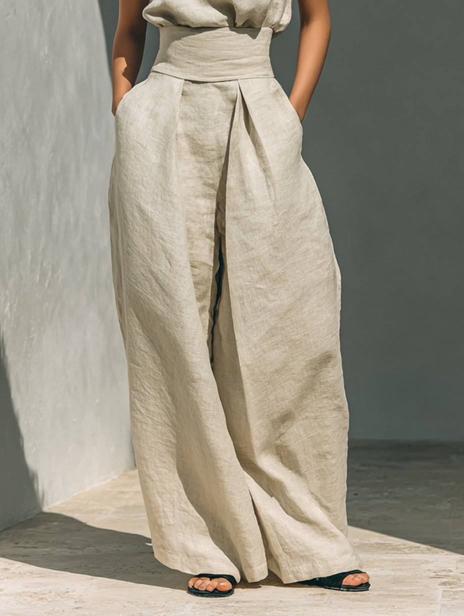 Set bestehend aus einer ärmellosen Bluse und einer Hose mit weitem Bein aus einem Baumwoll-Leinen-Mix.