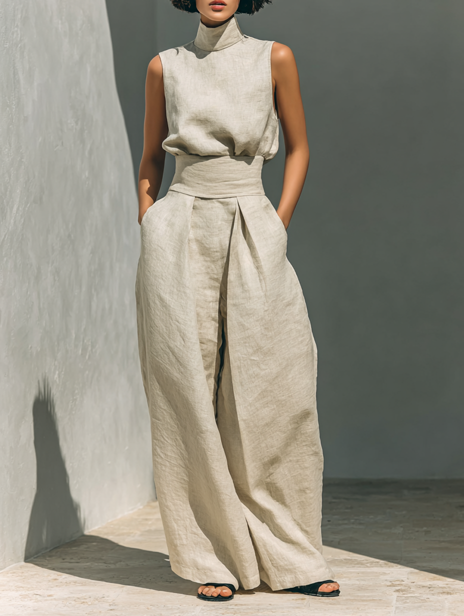 Set bestehend aus einer ärmellosen Bluse und einer Hose mit weitem Bein aus einem Baumwoll-Leinen-Mix.