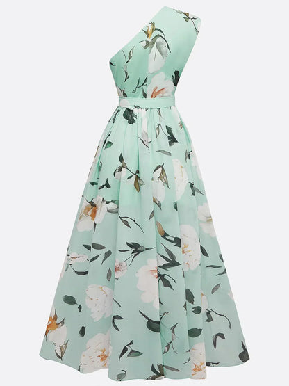 Julie | Hellgrünes Floral Chiffon Ein-Schulter Maxikleid