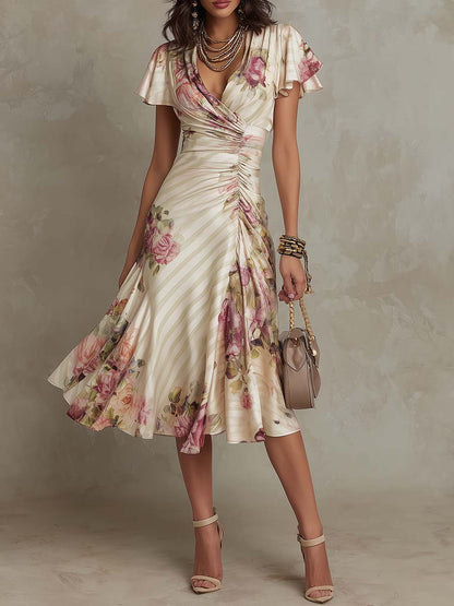 Margaret | Vintage Floral Satin Midi Kleid