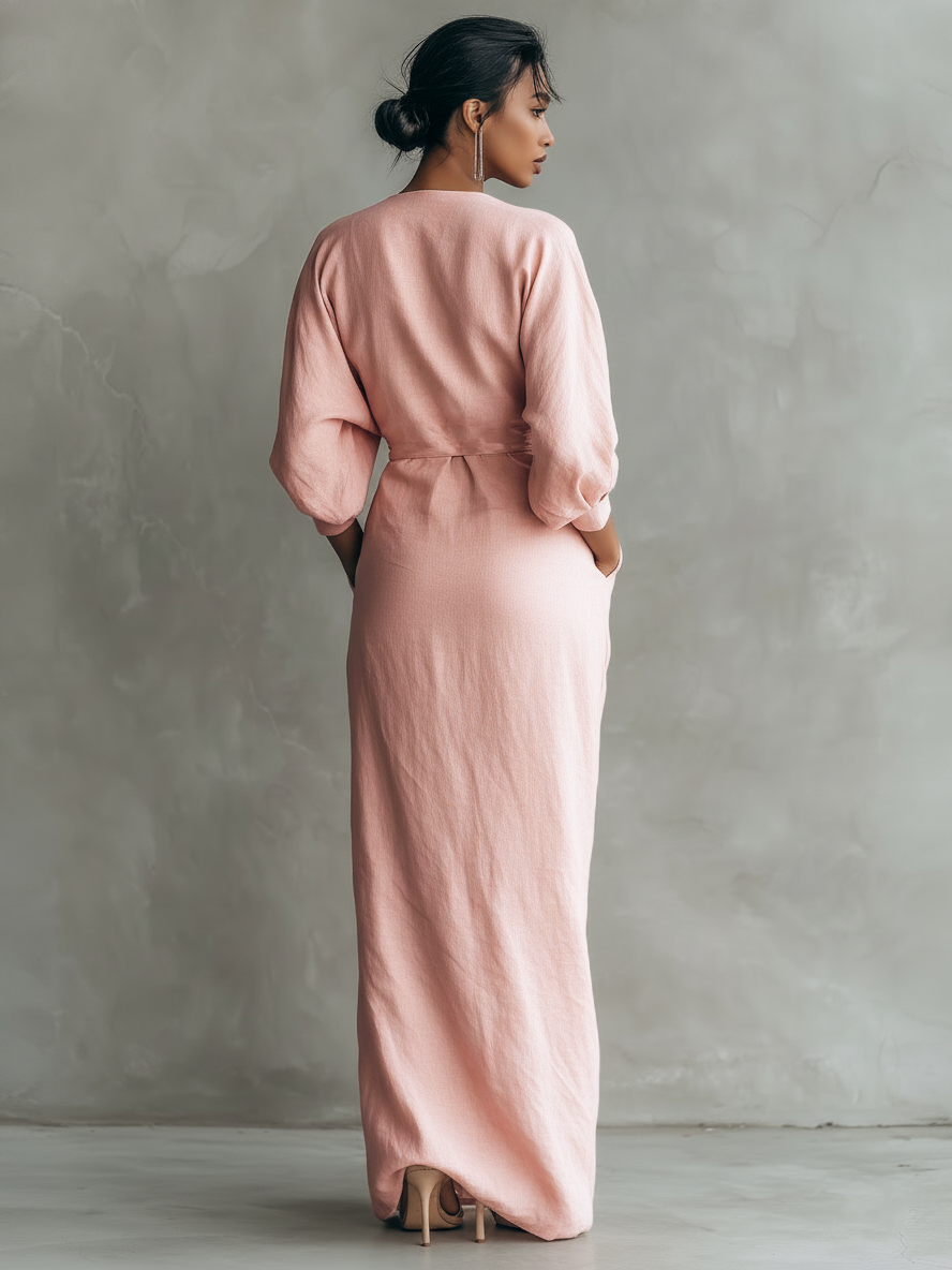 Taylor - Maxi Minimalistische Kleid in Rosa mit V-Ausschnitt aus Leinenmischung für Damen