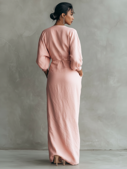 Taylor - Maxi Minimalistische Kleid in Rosa mit V-Ausschnitt aus Leinenmischung für Damen