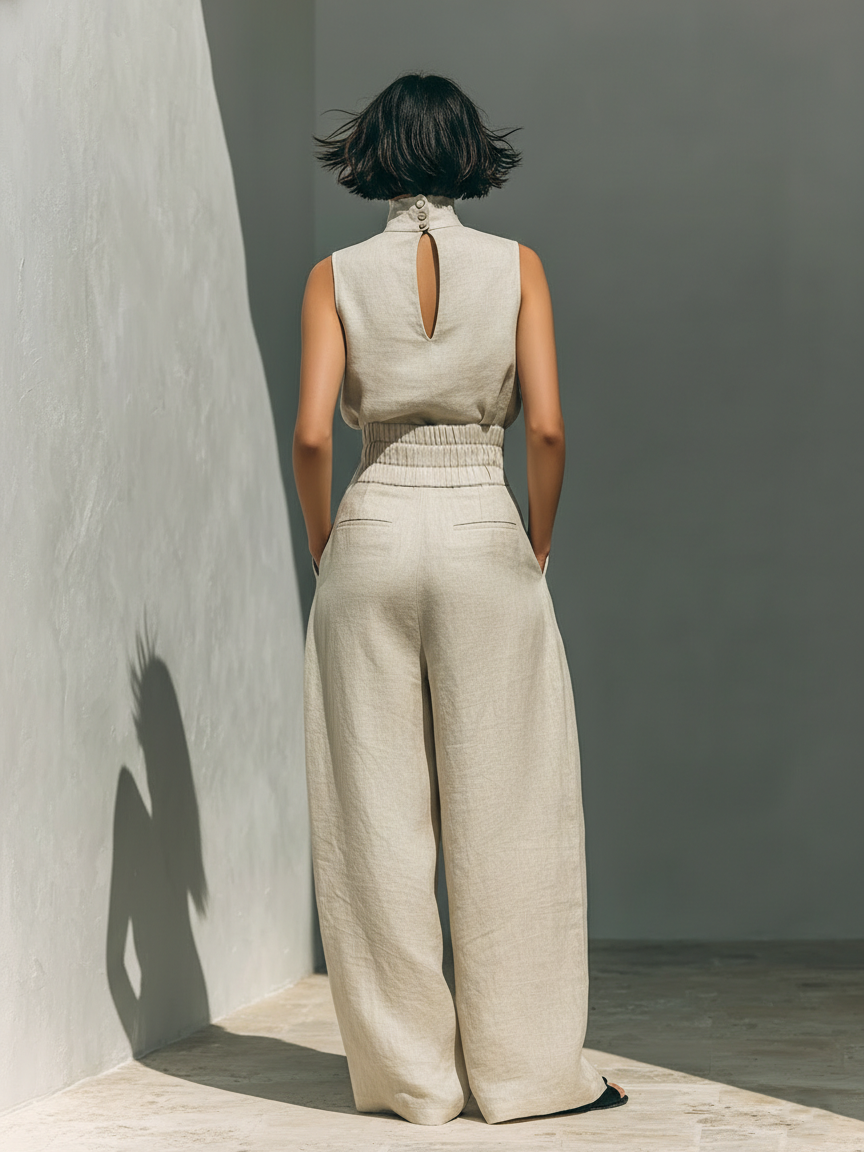 Set bestehend aus einer ärmellosen Bluse und einer Hose mit weitem Bein aus einem Baumwoll-Leinen-Mix.