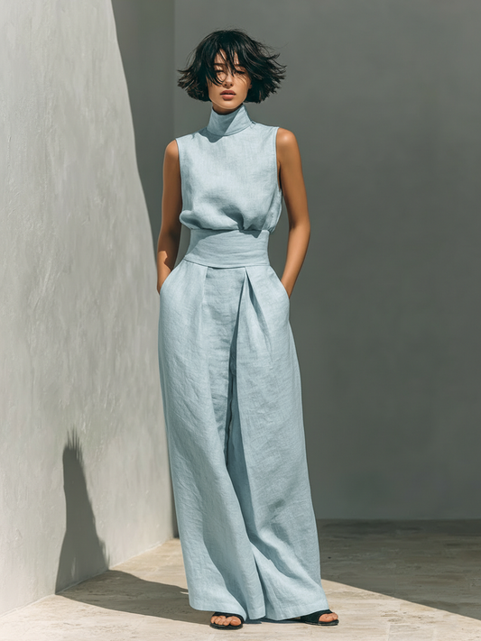 Set bestehend aus einer ärmellosen Bluse und einer Hose mit weitem Bein aus einem Baumwoll-Leinen-Mix.