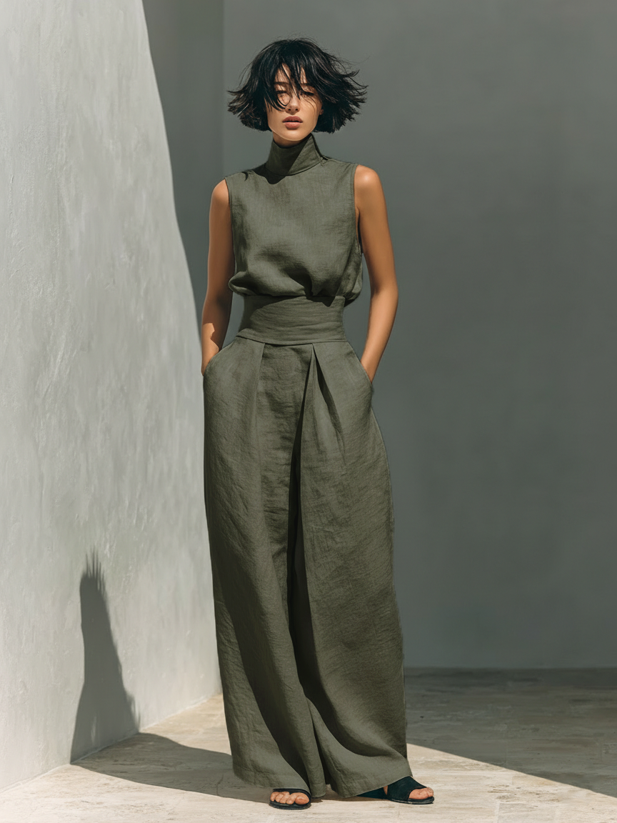 Set bestehend aus einer ärmellosen Bluse und einer Hose mit weitem Bein aus einem Baumwoll-Leinen-Mix.