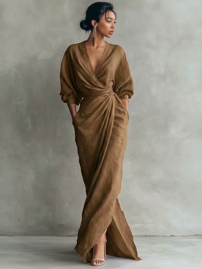 Taylor - Maxi Minimalistische Kleid in Rosa mit V-Ausschnitt aus Leinenmischung für Damen