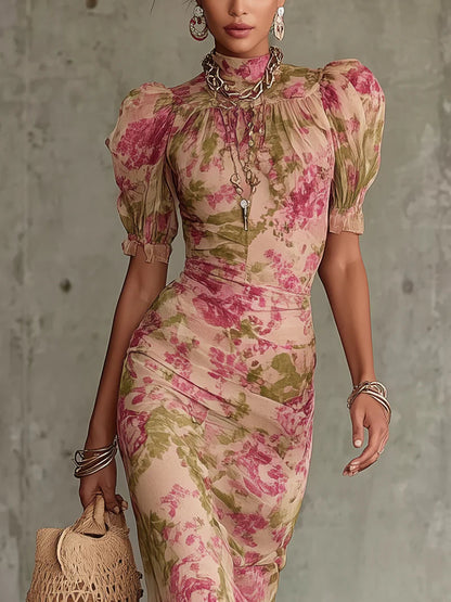 Mae | Vintage-Rosenmuster Puffärmel Maxikleid