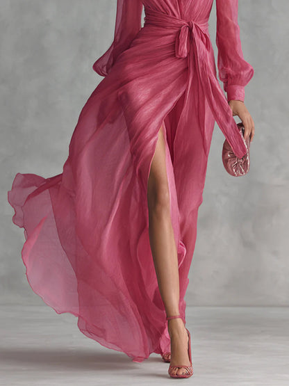 Beatrice | Elegantes Chiffon V-Ausschnitt Tailliertes Langkleid