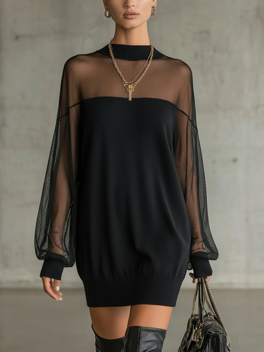 Daisy | Schwarzes Mesh-Ärmels High-Neck Midi-Kleid