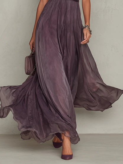 Flavia | Langes lila Kleid mit Schlüsselloch-Ausschnitt, Chiffon-Spitzenbesatz