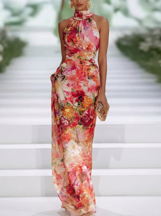 Fae | Rotes Chiffon Floral Ärmelloses Maxikleid