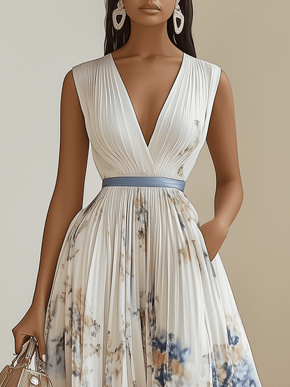 Chloe | Weißes Floral Chiffon V-Ausschnitt Plissee Midi-Kleid
