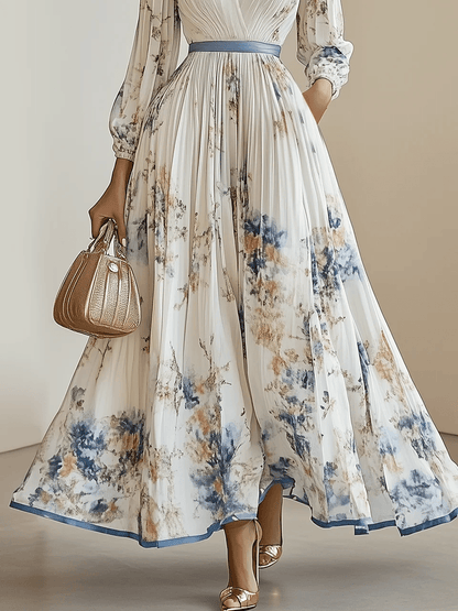 Amalia | Weißes Floral Chiffon Ballonärmel Maxikleid